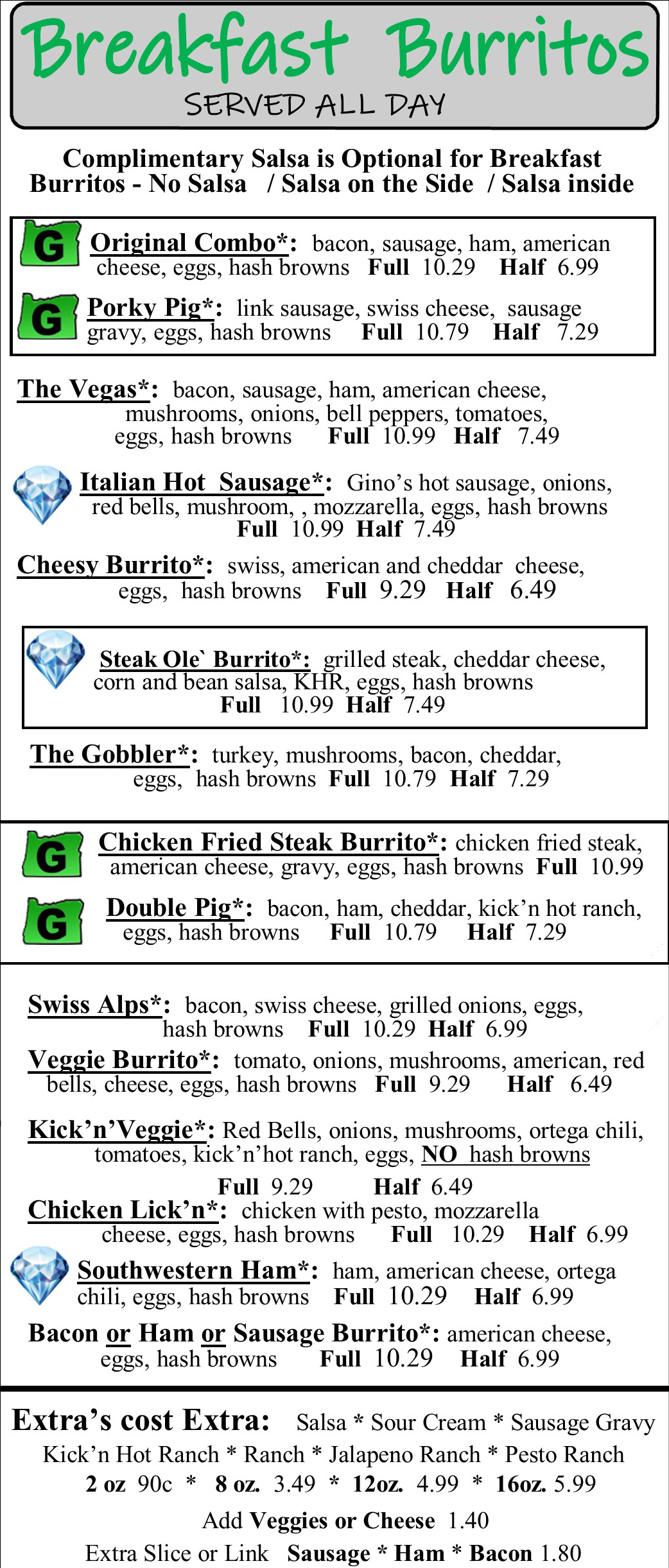 Breakfast Burritos Menu