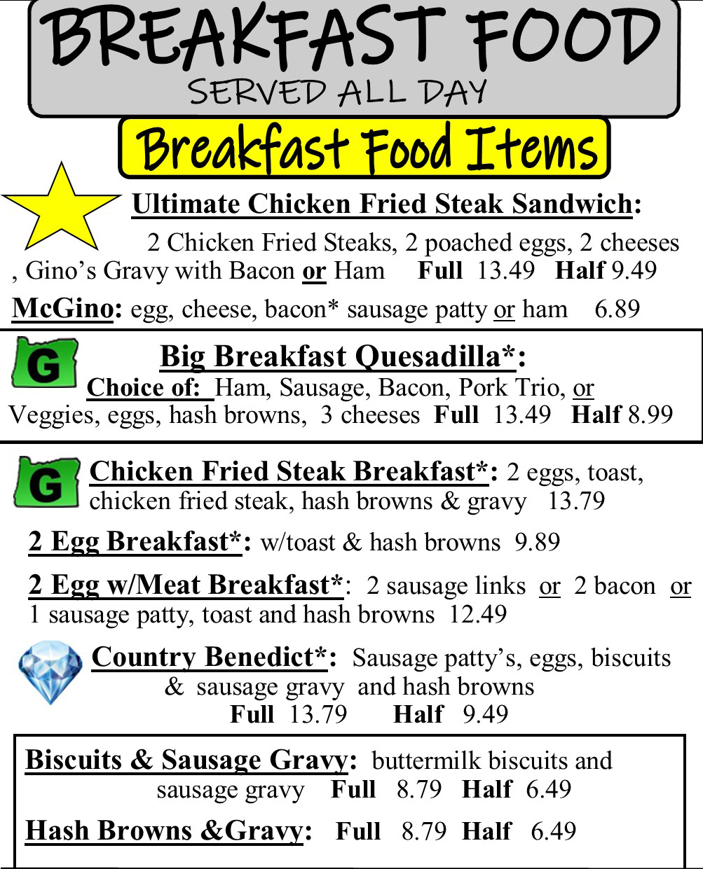 Breakfast Items Menu