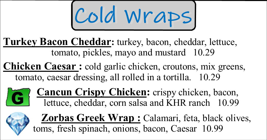 Cold Wraps Menu